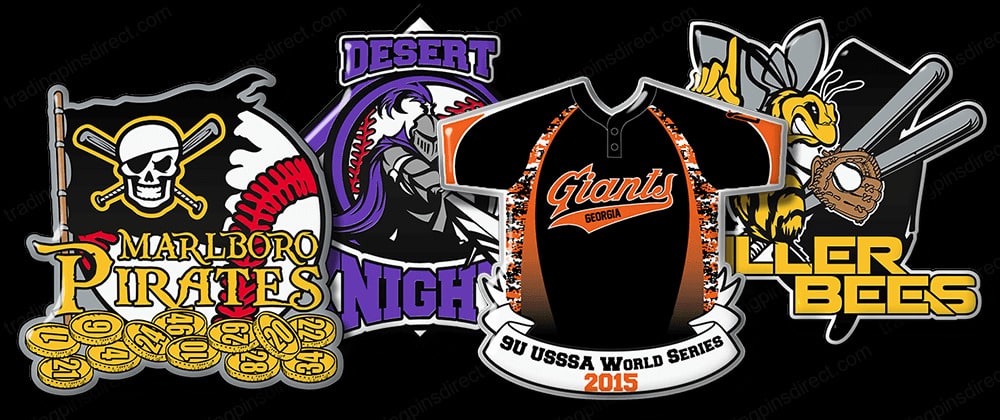 A graphic showcasing various trading pins for baseball teams including Marlboro Pirates with a skull, crossed bats, and treasure theme; Desert Nights featuring a knight with a baseball bat; Giants Georgia with a team jersey design; and Killer Bees with a bee holding a bat, all commemorating the 9U USSSA World Series 2015