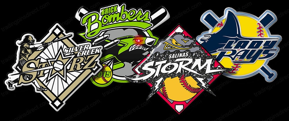 A collection of trading pin designs for softball teams, featuring vibrant and dynamic logos. The logos include the Silver Creek Starz with a star and baseball motif, the Brick Bombers featuring a baseball and a bomber in green and black, the Salinas Storm with a storm-themed design and a fierce mascot, and the Lady Rays displaying crossed baseball bats and a softball in yellow and blue